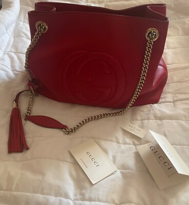 Authentic GUCCI 536196 Interlocking G Soho Chain Bag Leather Red