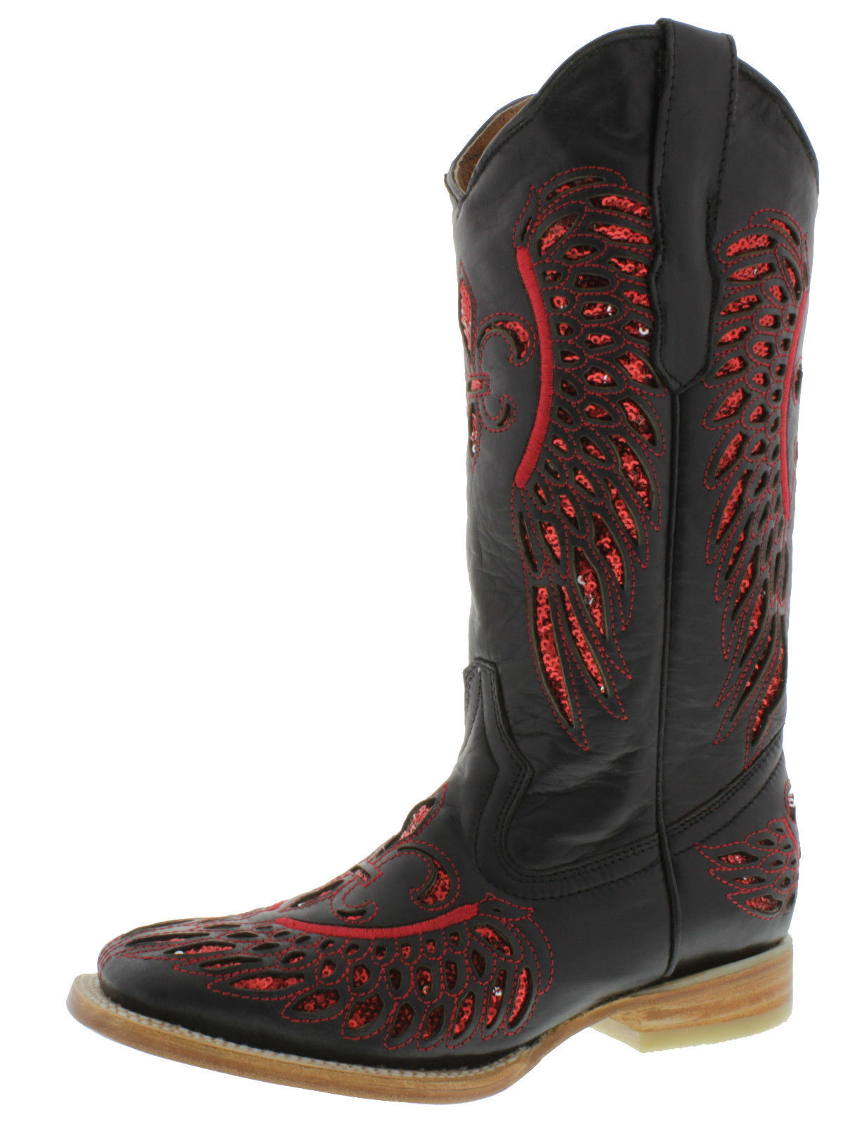 Incrustación de Flor para Mujer Negro Rojo Lentejuelas Alas Alas Alas De Cuero botas De Vaquero Cuadrado 512a7c Incrustación de Flor para Mujer Negro Rojo Lentejuelas Alas Alas Alas De Cuero botas De Vaquero Cuadrado 512a7c