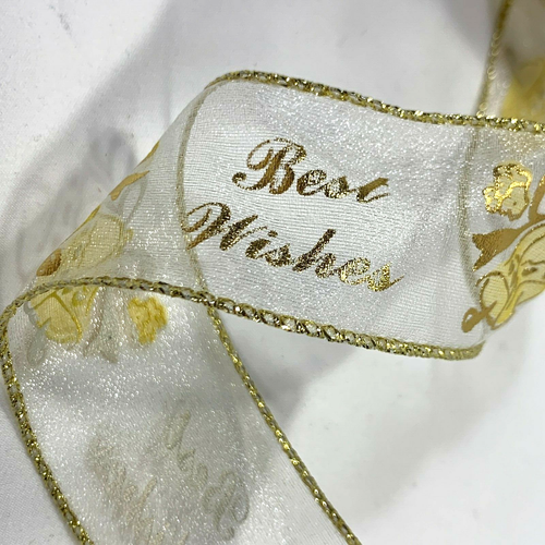 Wedding Details Wire Edge Ribbon Gold Sheer Best Wishes Wrap Bow Gift 1.5" x 4yd - Picture 3 of 23