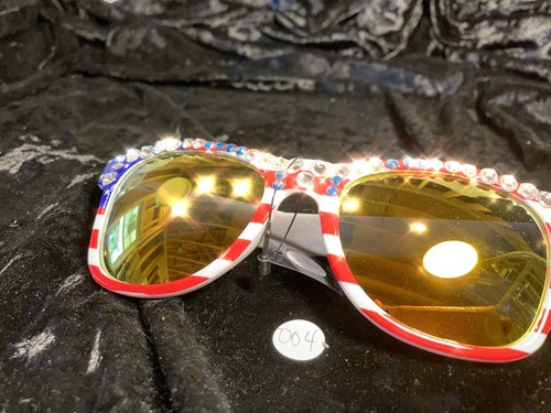 swarovski patriotic sunglasses Red White Blue crystal mirror 004 Handmade - Picture 2 of 4