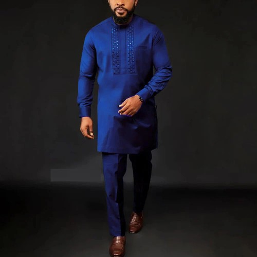 New 2PC Men's Clothing Round Neck Long Sleeve Pants Set African Ethnic Clothing - Picture 27 of 52