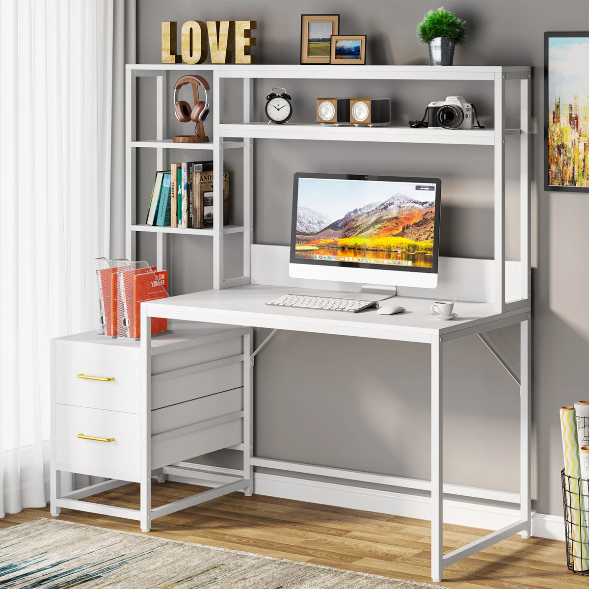 Tribesigns 55 Inch Modern Computer Desk Hutch Study Writing Table