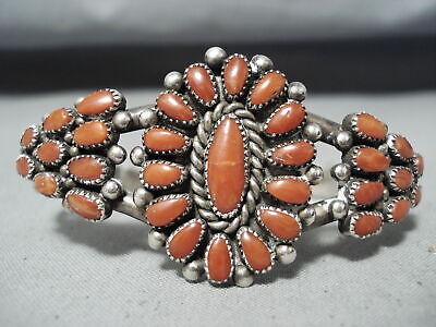 Exquisite Vintage Native American Zuni 8 Corals Sterling Silver Bracelet Exquisite Vintage Native American Zuni 8 Corals Sterling Silver Bracelet