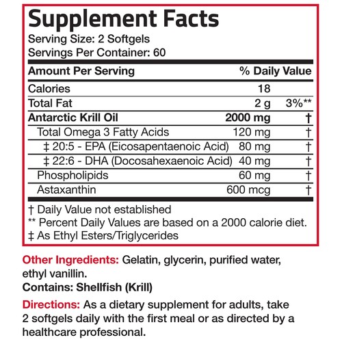 Antarctic Krill Oil 2000mg with Omega-3s EPA, DHA and Astaxanthin, 120 Softgels - Picture 4 of 4