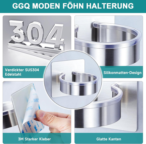 GGQ Föhnhalter Wand Ohne Bohren, Föhn Halterung, Fönhalterung Wandhalterung, 304 - Bild 4 von 12