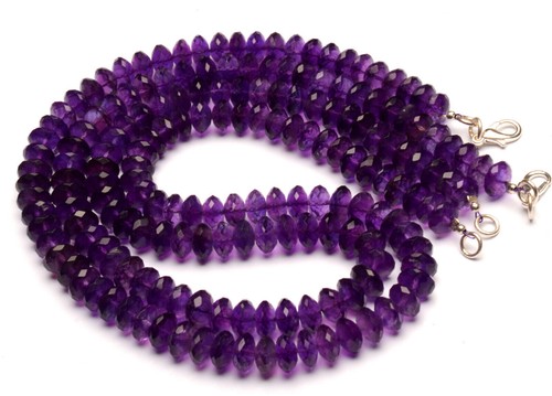 Natural Amethyst Gemstone 8 mm Faceted German Cut Rondelle Beads 17" Necklace - Picture 3 of 11