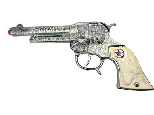 Vintage, Texan JR, Spielzeugpistole, elfenbeinfarbener Kunststoffgriff, geprägtes Lenkgetriebe