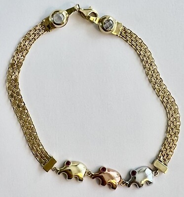 14 Karat Gold Viel Glück drei Elefant rote Steinaugen Armband, 7,5 Zoll