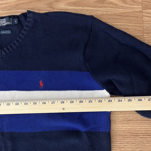 Polo Ralph Lauren maglione uomo scollo a V blu a righe cotone L - Foto 5 di 5