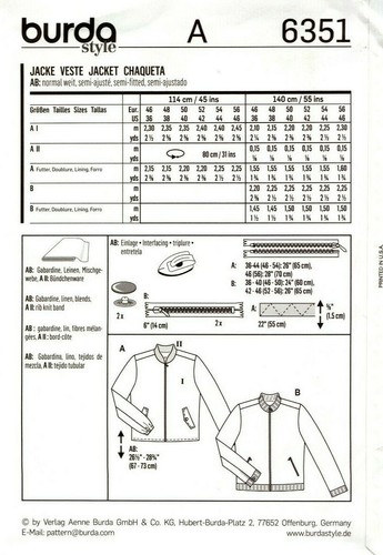 Burda Sewing Pattern 6351 Mens Jacket Sewing Pattern Size US 36-46 EUR 46-56 - Picture 2 of 2