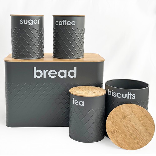 5pc Kitchen Set Bread Bin Tea Coffee Sugar Tins Biscuit Barrel Sealed Containers - Picture 26 of 82