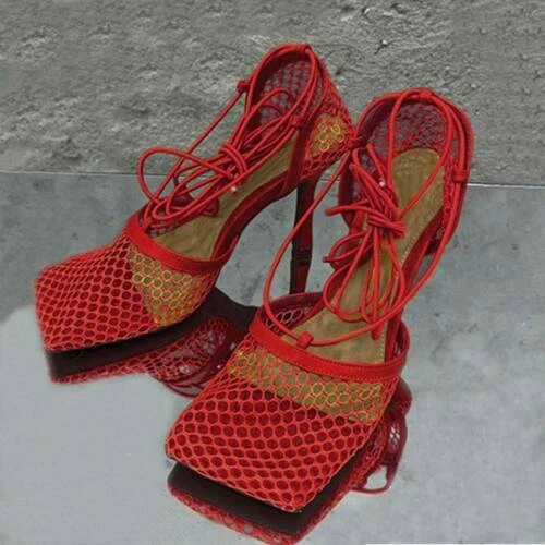 Square Toe Mesh Stiletto Cross-tied Up Lace New Pumps Sandals hollow Dress shoes - Picture 16 of 22