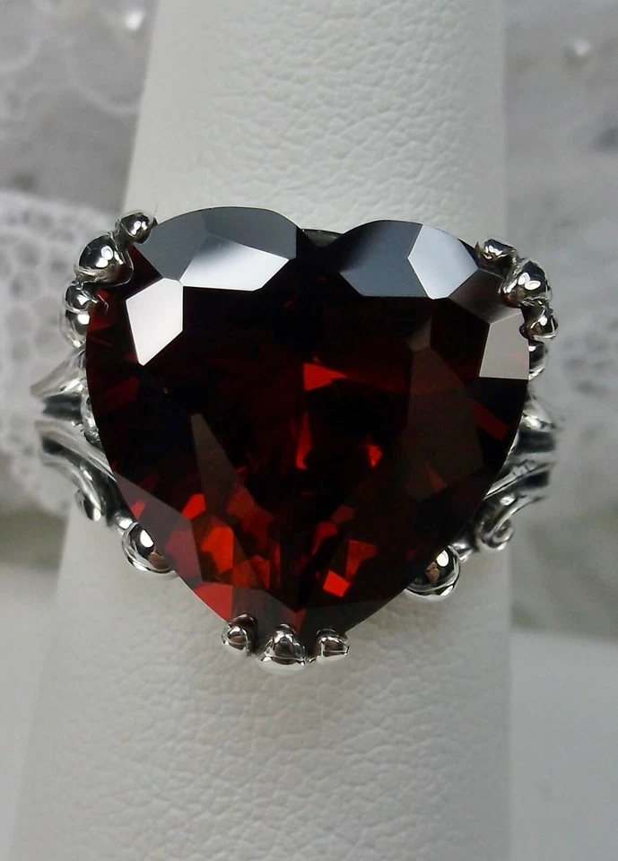 Garnet 10ct CZ Sterling Silver Heart Leaf Filigree Ring Made To Order D#213 - Image 3 of 4