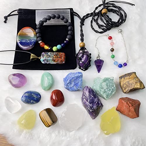 22-teiliges Heilkristalle Set, Chakra Quarz Sets in Holzbox (7 roh und 7 - Bild 3 von 7