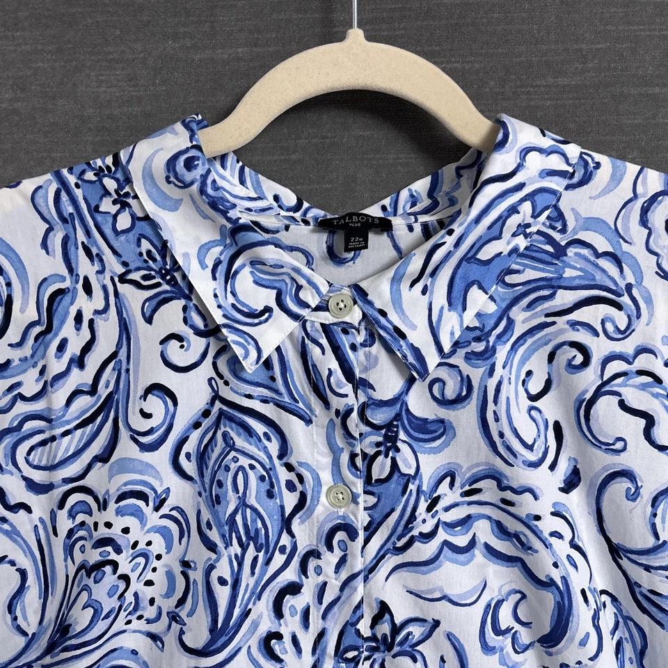 Talbots Shirt Dress 22W Blue Floral Button Casual Classic Preppy Nautical Midi - Image 3 of 4