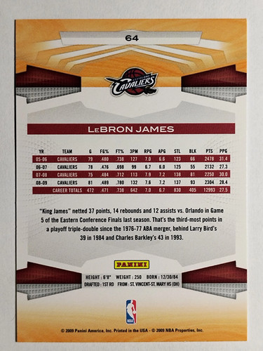 2009-10 Panini #64 LeBron James - Picture 2 of 2