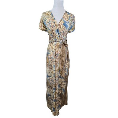 White Waves Paisley Wrap Jumpsuit Wide Leg Tie Waist Boho Festival Size S/M New