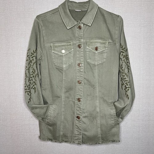 Chico's Damen bestickte Salbei-Jeansjacke Größe 2 (12/14) Knopfleiste ausgefranster Saum - Bild 8 von 13