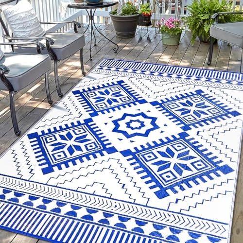 Waterproof Outdoor Rug 6x9ft, Boho 6 x 9 Feet A.bohemia | Blue & White
