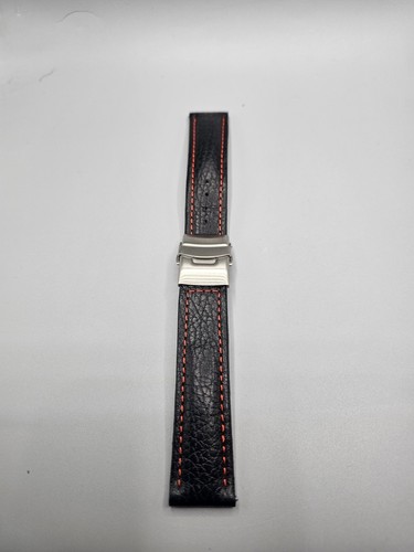 Watchband Berlin 22mm Black & Red Calfskin Grained Genuine Leather W/ Clasp