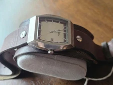 Fossil Watch Mens Rectangular Stainless Date Wide Brown Leather Cuff Analog