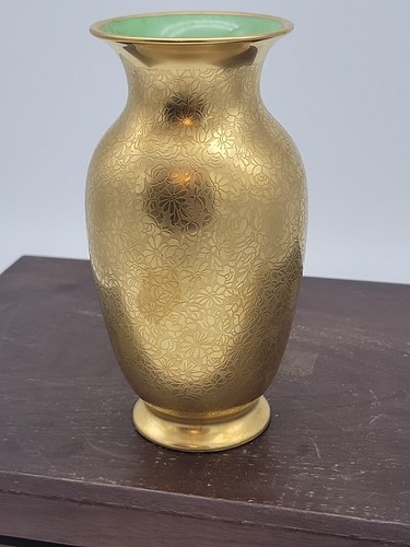 Vintage Pickard China gold geätzte Rose Gänseblümchen Vase 5,5" grün Emaille innen #833 - Bild 6 von 14