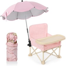 Outdoor Beach Chair with Umbrella Travel Booster Seat with Tray Compact Foldi...
