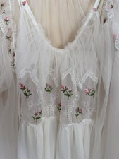 Vtg 50's White Nylon chiffon 2 Piece Gown + Robe Peignoir Set Embroidered Roses