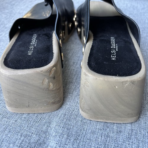 Kelsi Dagger Brooklyn Sz 6.5 Black Leather Clogs Gold Studded Wooden Heel - Picture 4 of 12