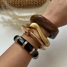 Acrylic Resin Cuff Bangle Women Brown Tone Geometric Round Wide Jewelry