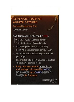 Diablo 4 S14 Revenant Bow Of Arrow Storms 0GA Max Aspect Legendary Bow Gear Item