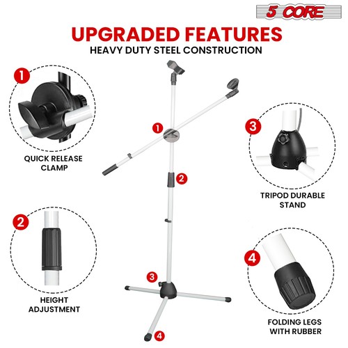 5 Core Microphone Stand Floor Height Adjustable w Extending Telescoping Boom Arm - Picture 37 of 60