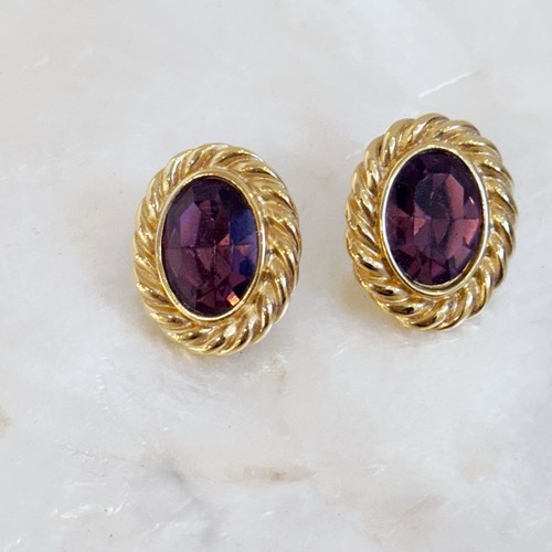 Vintage Richelieu Gold Tone Rope Purple Faux Amethyst Oval Stud Earrings Classic - Picture 11 of 14