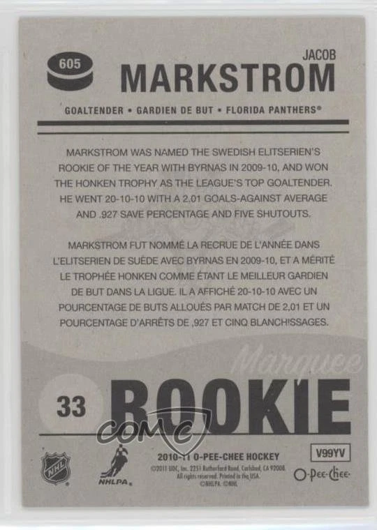 2011-12 O-Pee-Chee 2010-11 Marquee Rookies Update Jacob Markstrom #605 - Image 2 of 2
