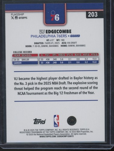 2025 Topps Flagship VJ Edgecombe #203 Holofoil RC - Picture 2 of 2