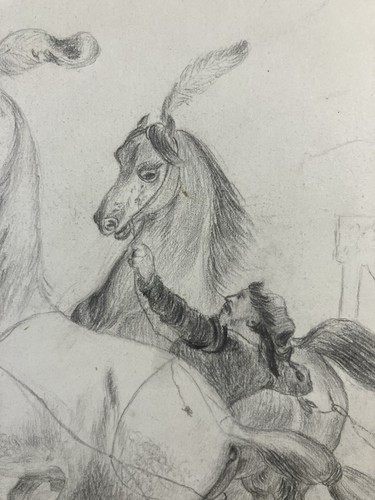 Dessin ancien vers 1860 : chevaux se cabrant parés de plumes sur la tête - Picture 5 of 11