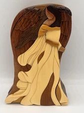 Handcrafted Carved Natural Wood Tones Angel Wood Puzzle Trinket Box 7"