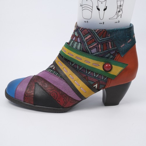 Socofy Womens Leather Ankle Boots UK 8 EU 42 Multicolor Patchwork Aztec Zip NEW - Picture 7 of 18