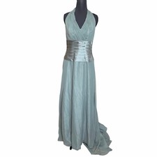 Vintage Y2K Mori Lee sage green halter formal dress w/ train size 14 pleat waist