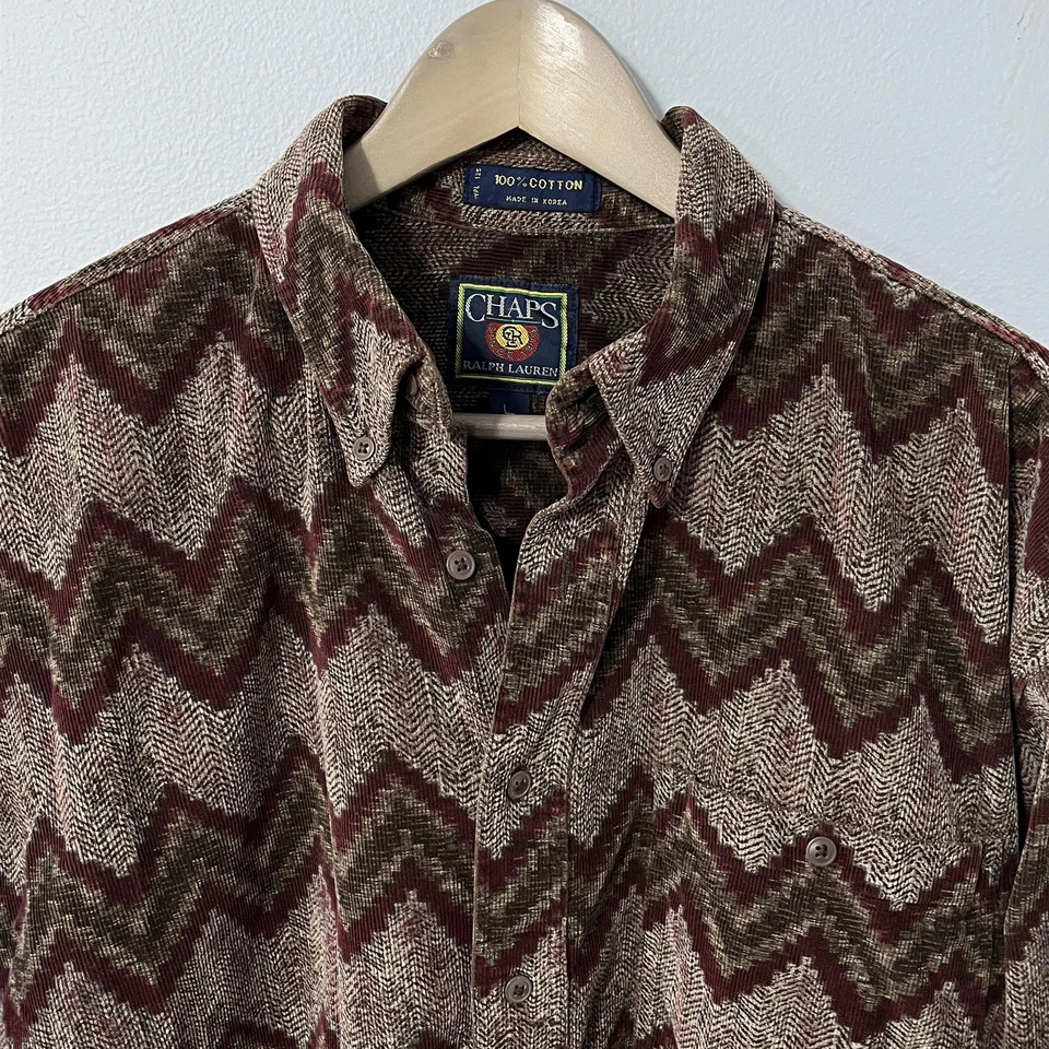 Vintage Chaps Ralph Lauren Shirt Men Large Brown Burgundy Corduroy Chevron Aztec - Image 2 of 4