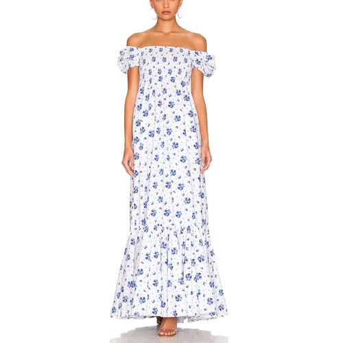 Caroline Constas Tuckernuck Gianna Maxi Dress Smocked Blue White Floral Tiered - Picture 2 of 18