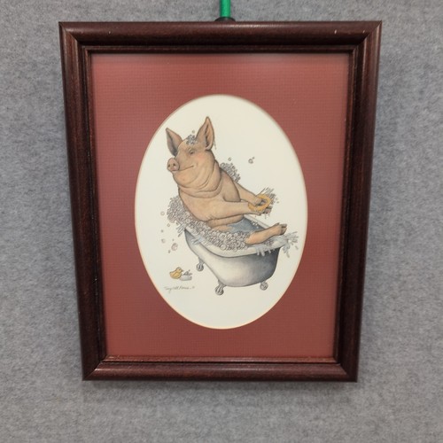 Terry Nell Morris 1984 Framed Art Print Pig Bathing Rubber Duck Bathtub 11" x 9" - Picture 1 of 6