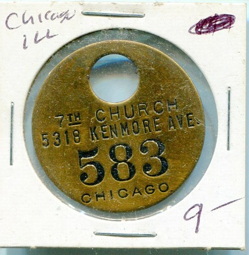 Vintage Brass 7th Church 5318 Kenmore Ave Tag  #583 Chicago IL FOB