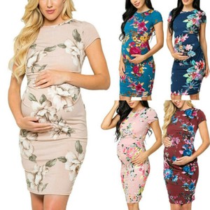 Women-Maternity-Party-Floral-Print-Short-Sleeve-Bodycon-Dress-Pregnancy-Clothes