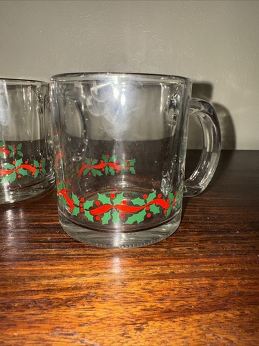 Set of 4 Libbey Cups Holly and Ribbon Holiday Christmas Coffee Hot Chocolate Mug - Picture 2 of 6