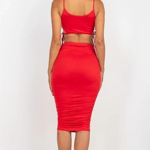 NEW Sexy Red Crop Top & Ruched Midi Skirt Set Sz M - Picture 7 of 8