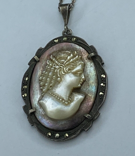 Kamee Brosche 800 Silber Marcasit Perlmutt 16 in Sterling Kette Vintage