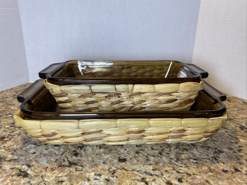Anchor Ovenware Brown Glass 2qt Baking Dish & 1.5qt Loaf Dish w/Woven Trays - Picture 12 of 12
