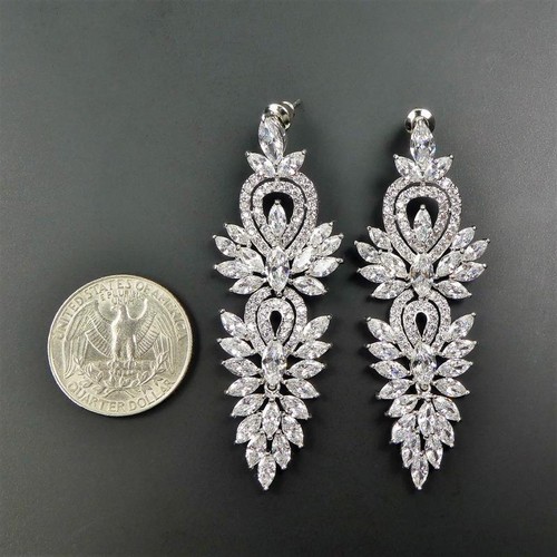 Rhodium Plated Vintage Style CZ Cluster Large Statement Chandelier Earrings - Picture 2 of 6