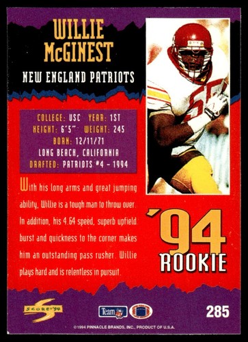 1994 Score Willie Mcginest Rookie #285 - Picture 2 of 2